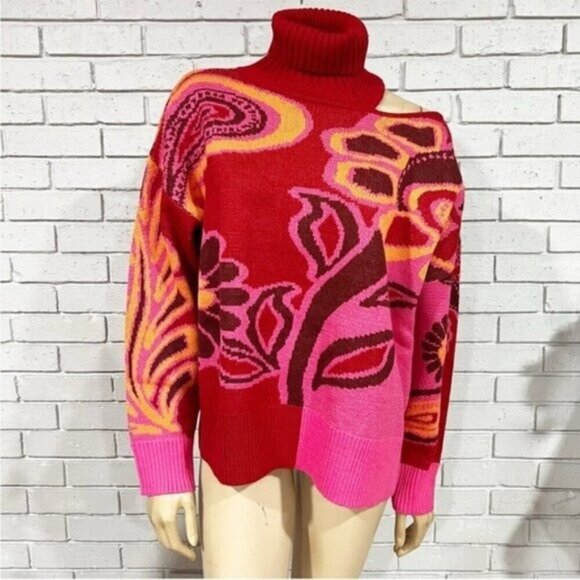 FARM Rio Bold Floral Knit Sweater – Pink Statement Piece – Size M – NWT